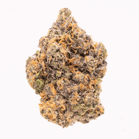 Side angle of Face on Fire THCa flower, highlighting its dense structure and resin-coated appearance