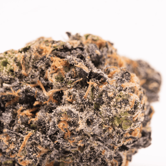 Close-up of cannabis bud with sticky trichomes, deep purple hues, and orange pistils.