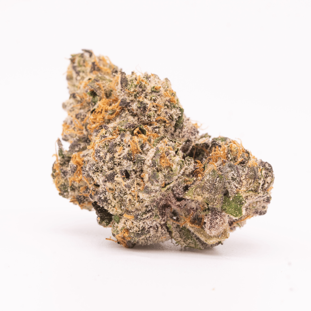 Side view of a Jilly Bean THCa bud, showcasing its compact structure and vibrant terpene-rich colors