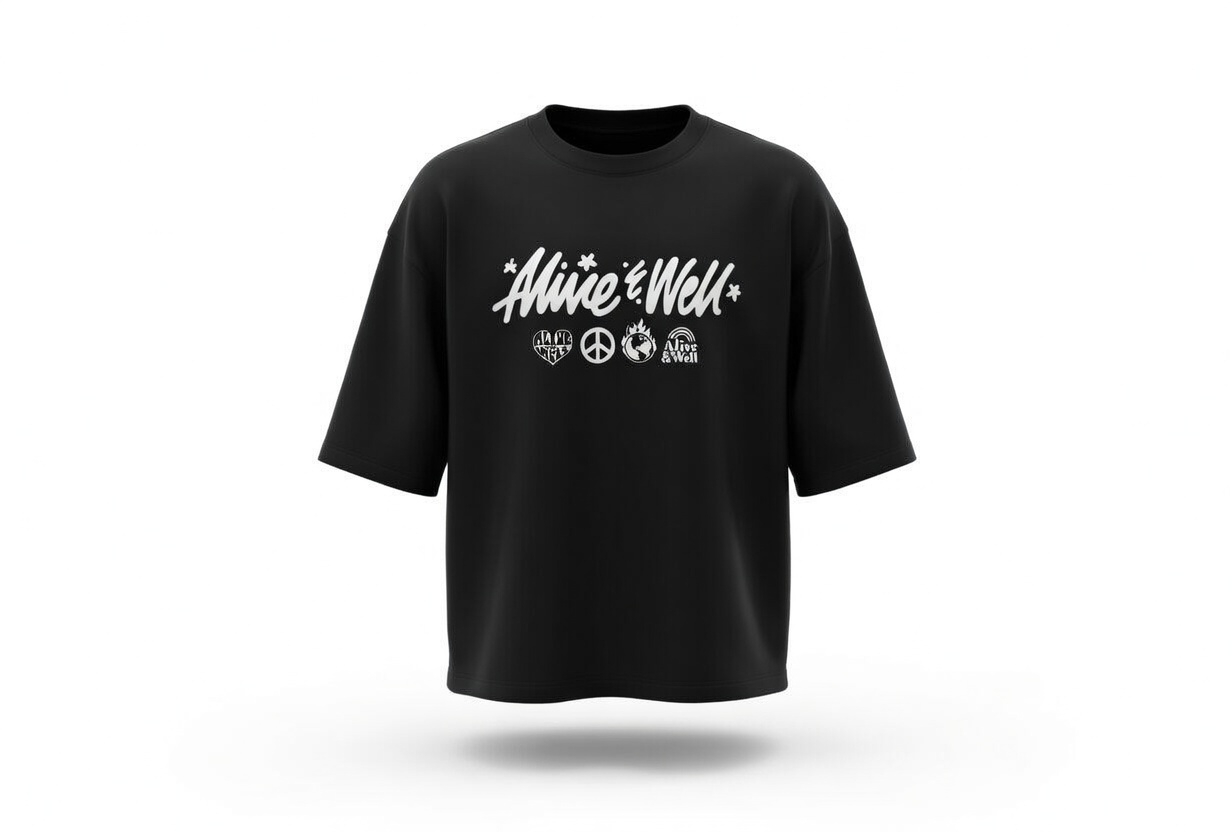 Alive & Well Script Icons Tee — Black