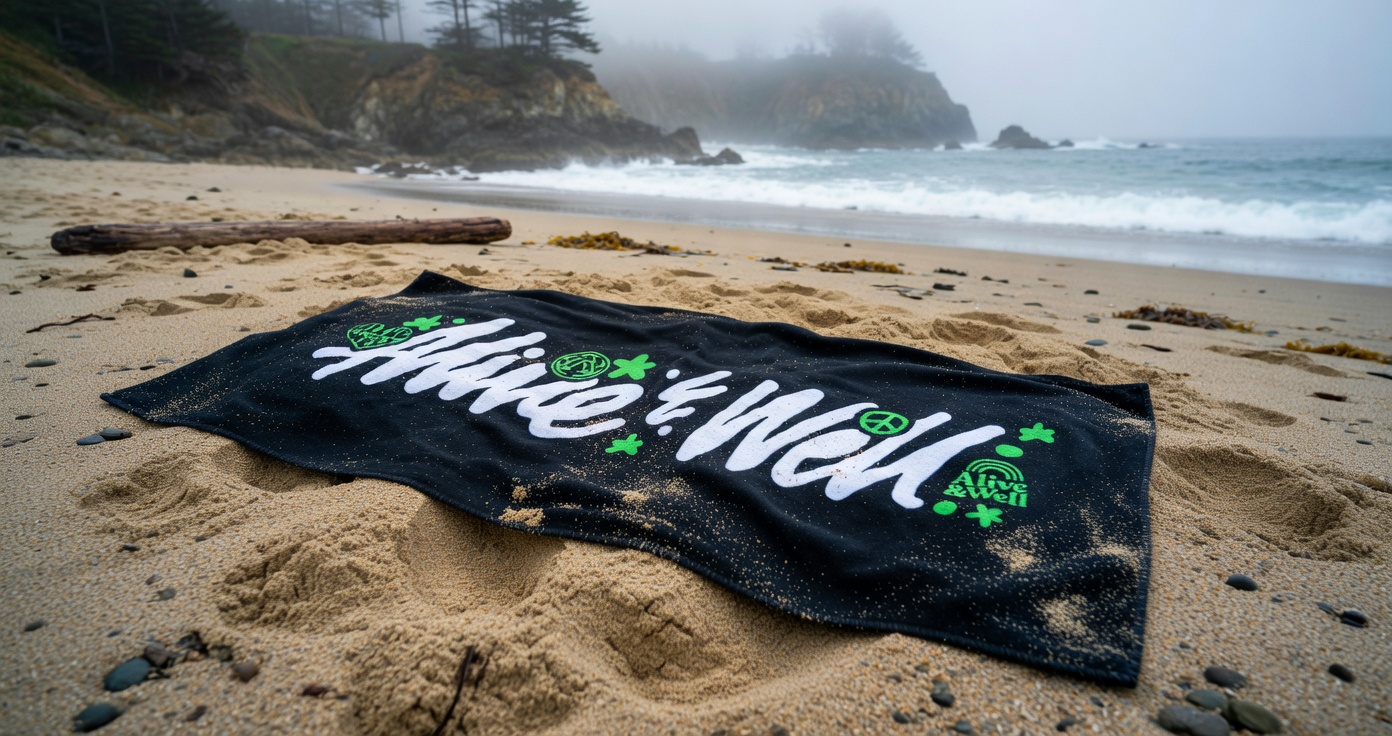 Alive & Well Script Beach Towel — Black